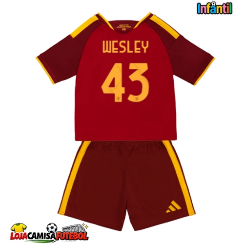 Camisa de Futebol AS Roma Wesley Franca #43 Equipamento Principal Infantil 2026-27 Manga Curta (+ Calças curtas)